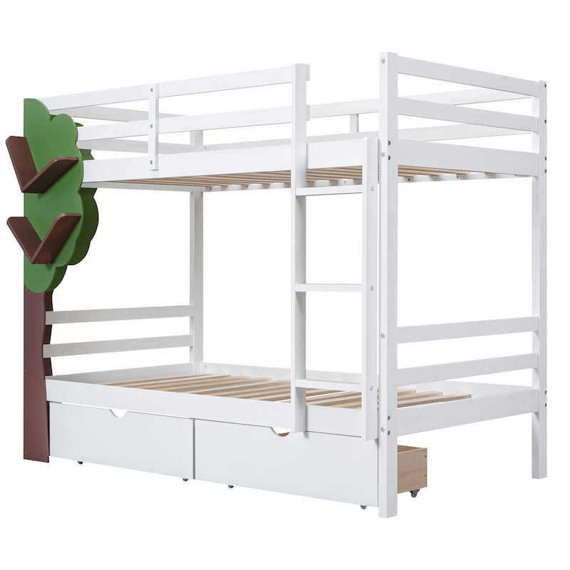 Lucky Twin over Twin Bunk Bed with Tree Shelf & Storage Drawers - White