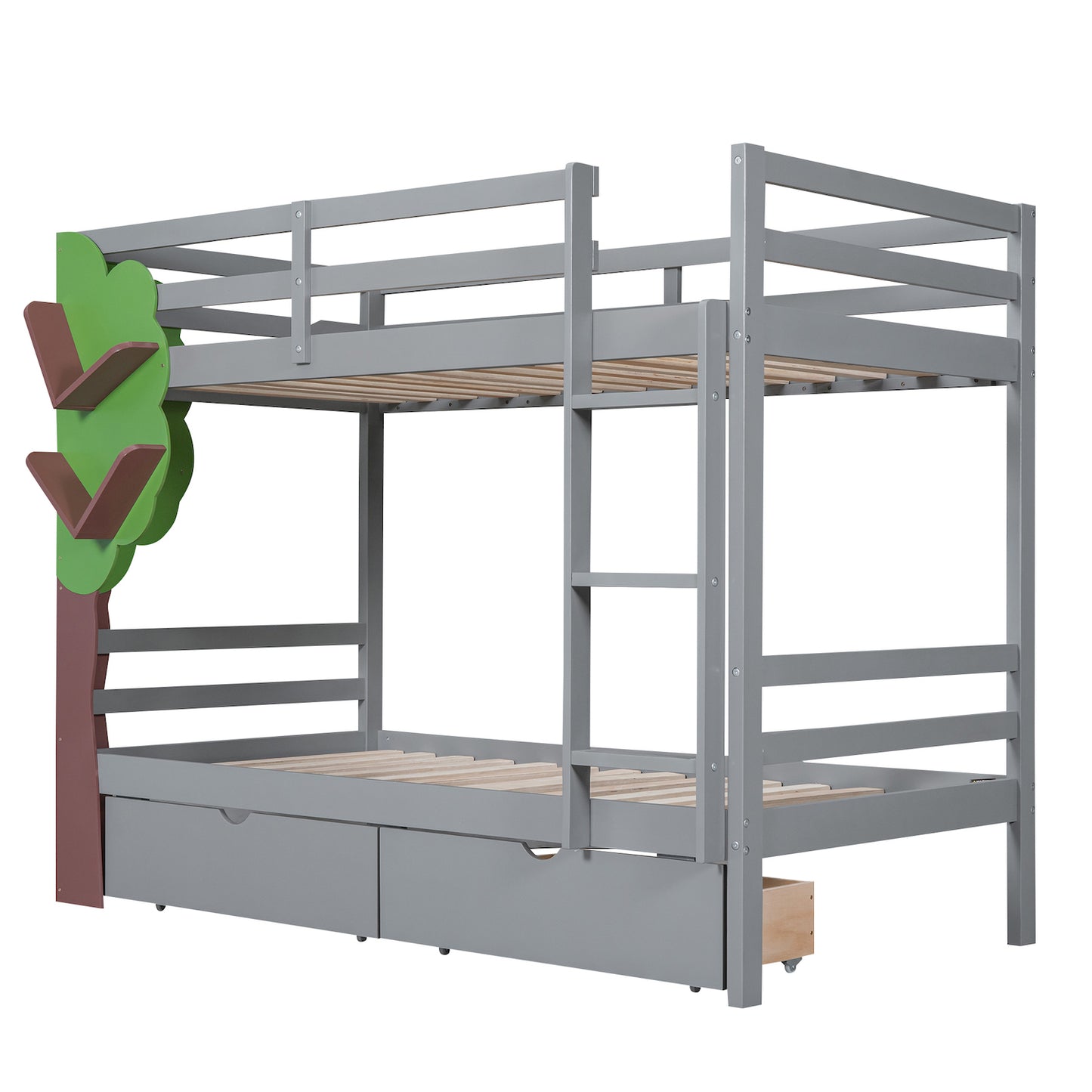 Lucky Twin over Twin Bunk Bed with Tree Shelf & Storage Drawers - Gray