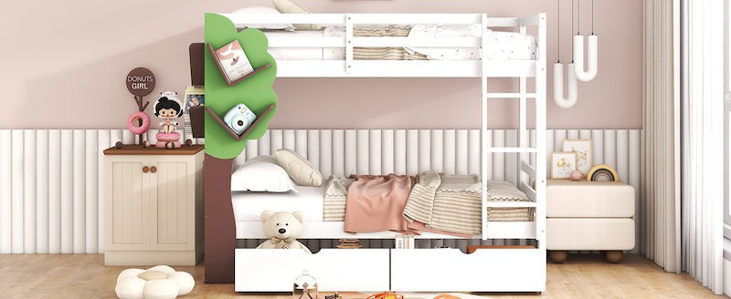 Lucky Twin over Twin Bunk Bed with Tree Shelf & Storage Drawers - White