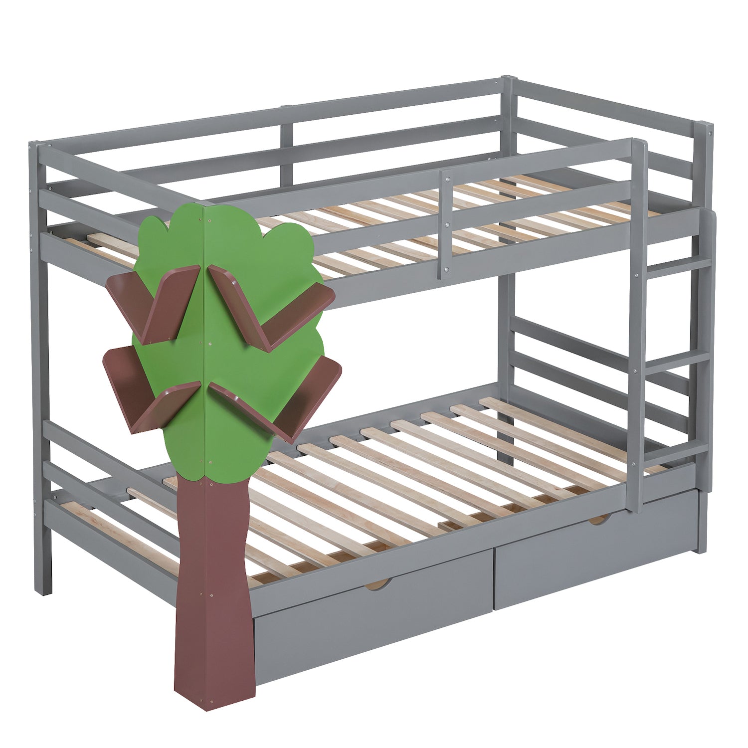 Lucky Twin over Twin Bunk Bed with Tree Shelf & Storage Drawers - Gray