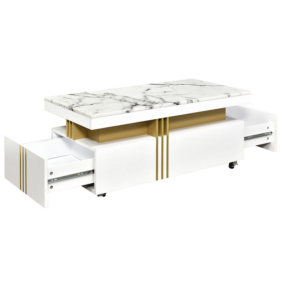 On-Trend Modern Coffee Table with Faux Marble Top - White
