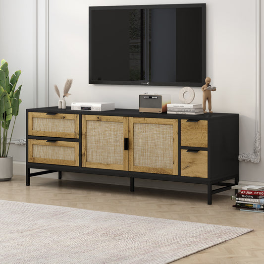 On-Trend Boho Style TV Stand with Rattan Doors - Black & Brown