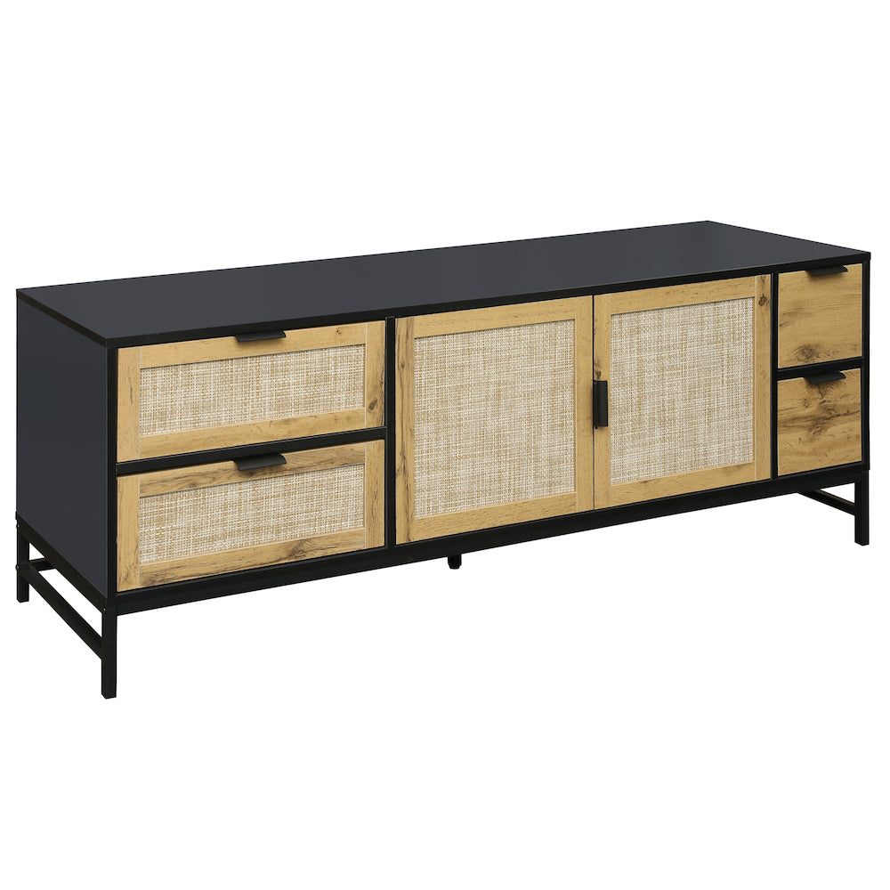 On-Trend Boho Style TV Stand with Rattan Doors - Black & Brown