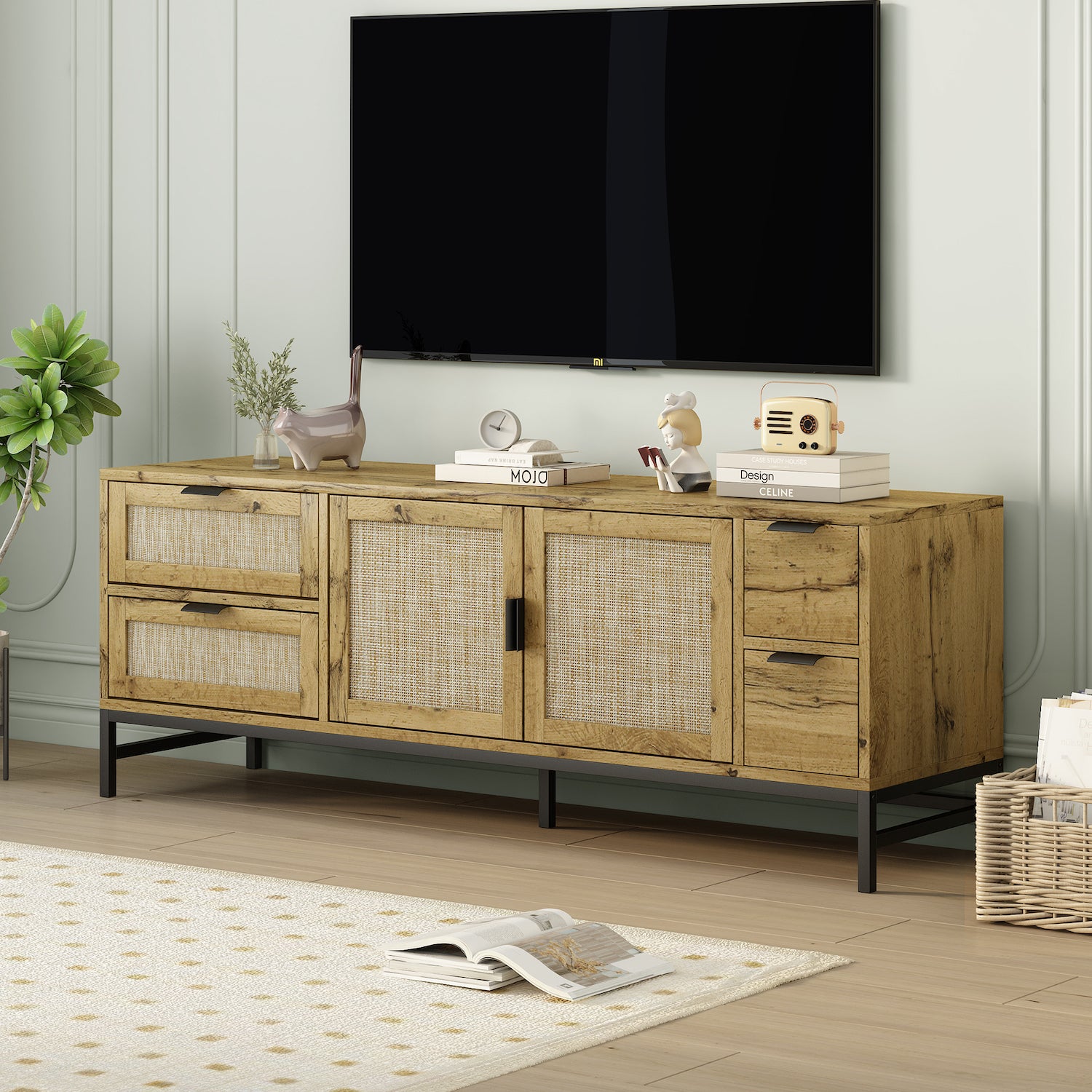 On-Trend Boho Style TV Stand with Rattan Doors - Brown