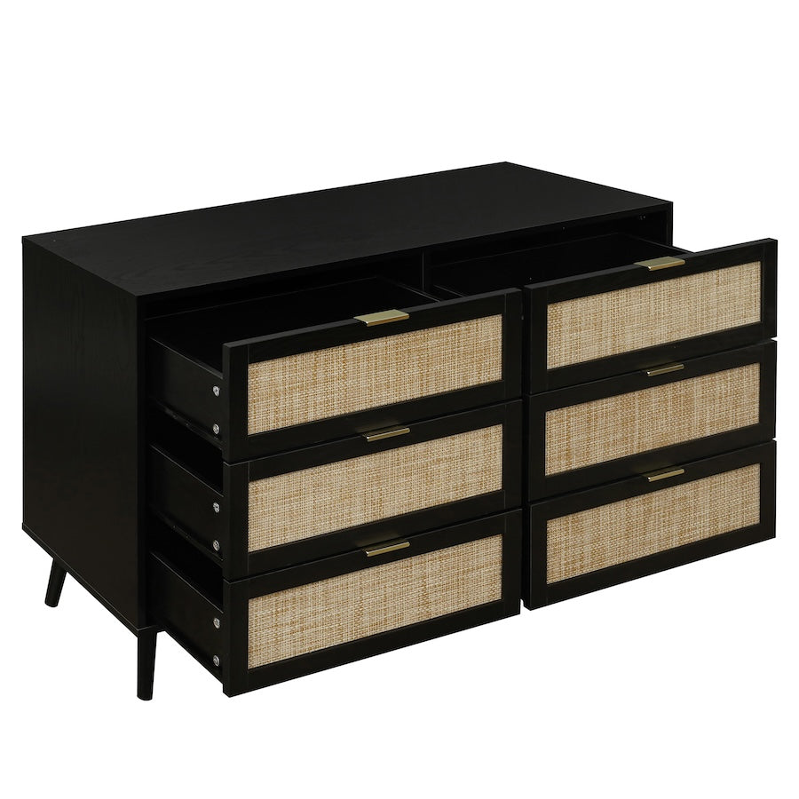 Zeal 6-Drawer Dresser with Rattan Drawer Fronts - Black