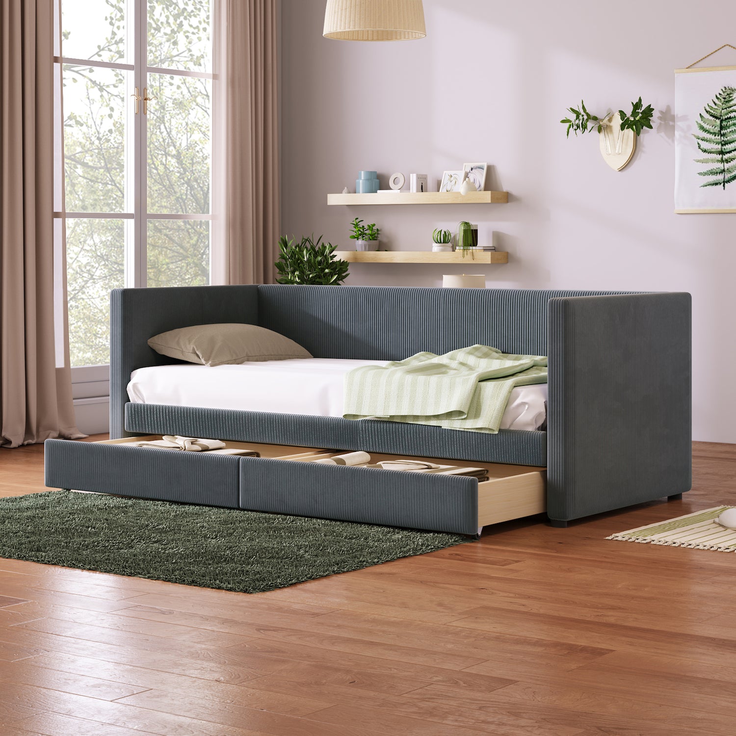 Lucky Twin Corduroy Upholstered Daybed with Storage Drawers - Gray