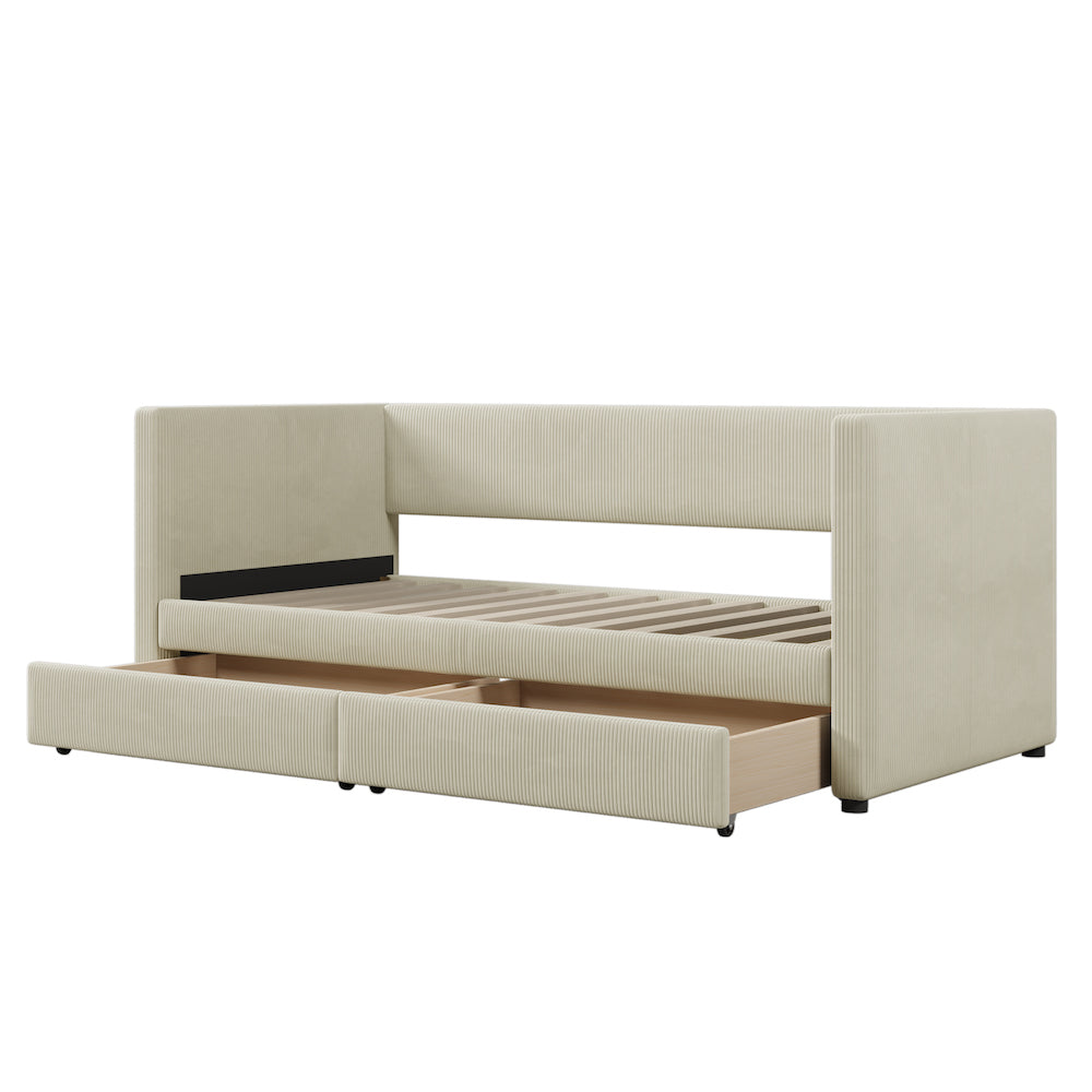 Lucky Twin Corduroy Upholstered Daybed with Storage Drawers - Beige