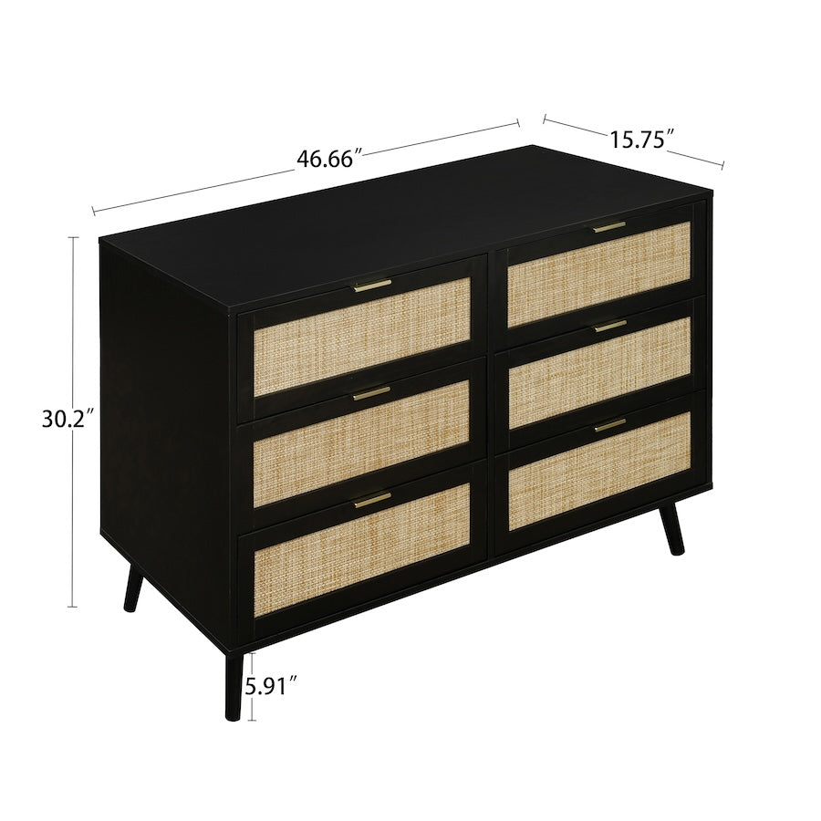 Zeal 6-Drawer Dresser with Rattan Drawer Fronts - Black