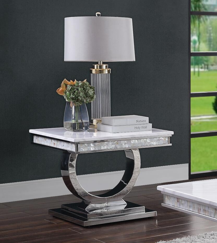 ACME Zander End Table, White Printed Faux Marble & Mirrored Silver Finish