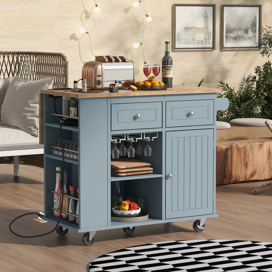 K&K Kitchen Island Cart with Drop Leaf Table Top - Blue