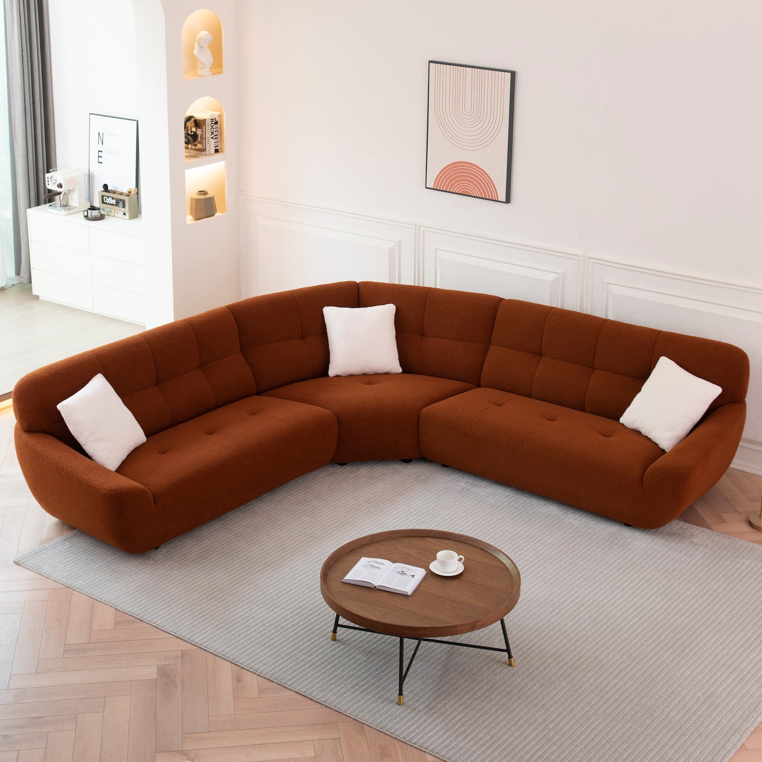 Modasi Mid-Century Modern Curved Sectional in Dark Orange Sherpa Upholstery