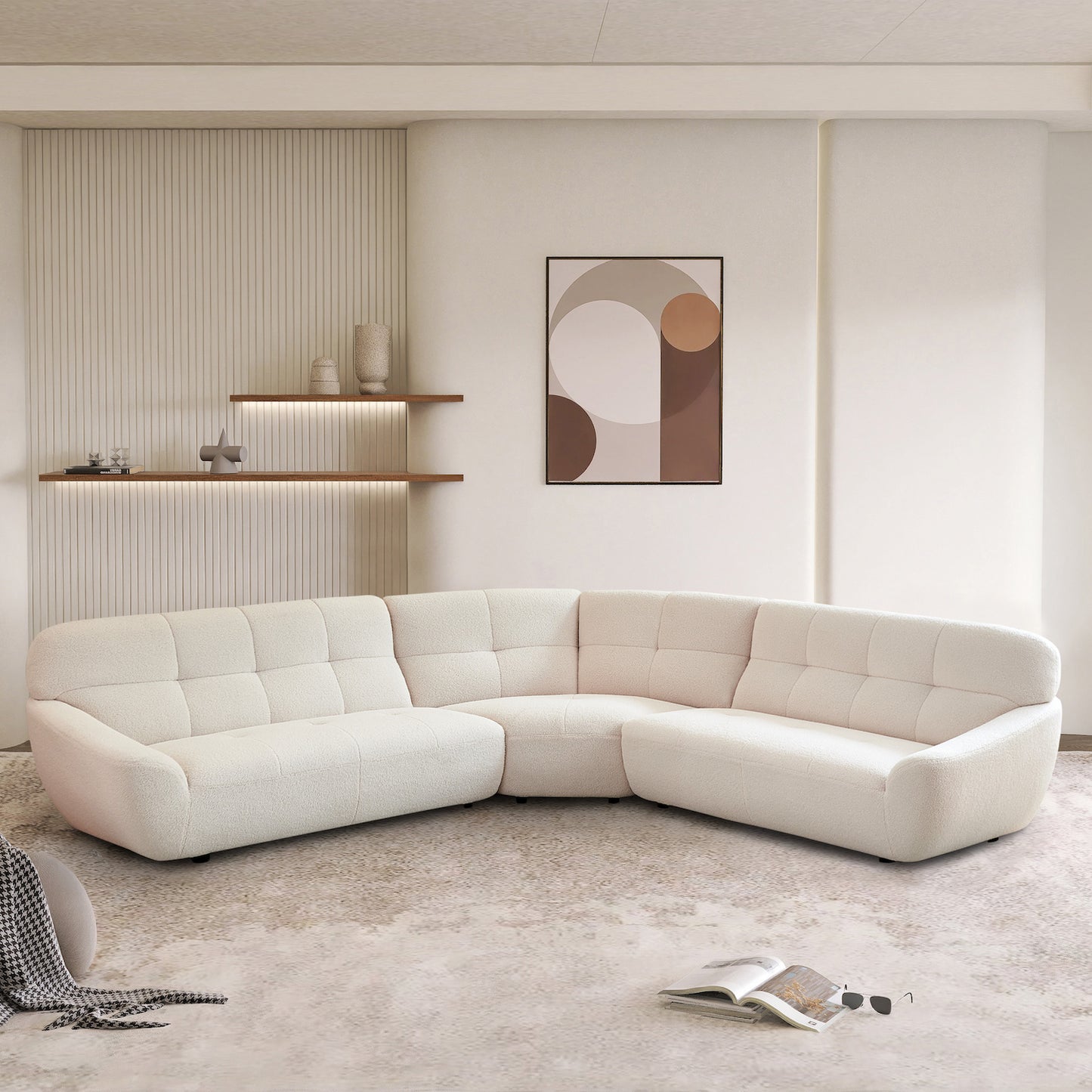 Modasi Mid-Century Modern Curved Sectional in Beige Sherpa Upholstery