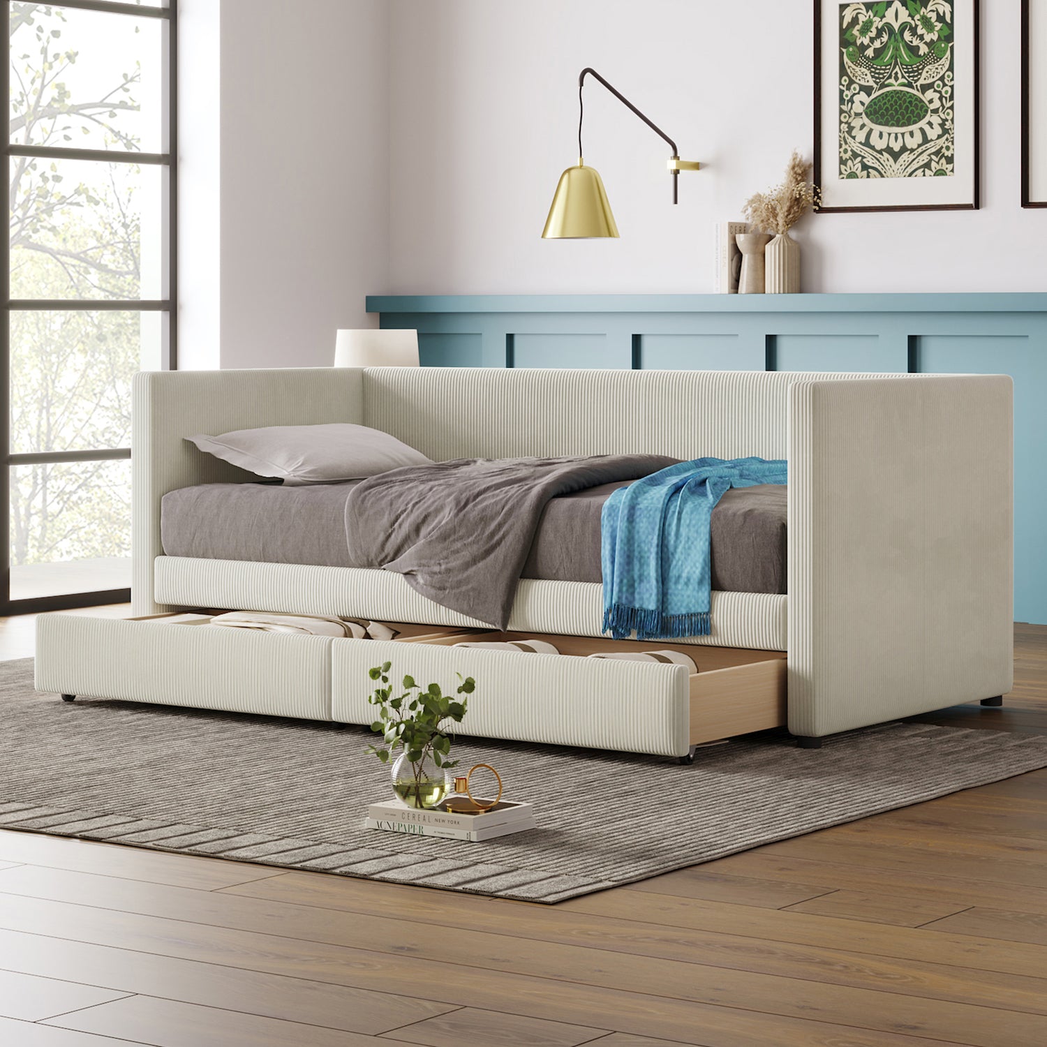 Lucky Twin Corduroy Upholstered Daybed with Storage Drawers - Beige