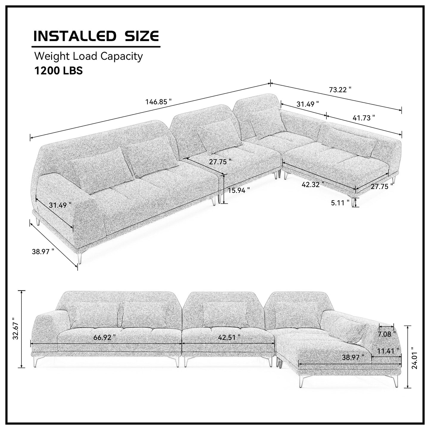Justone Interior Modern Modular Linen Sectional - Gray