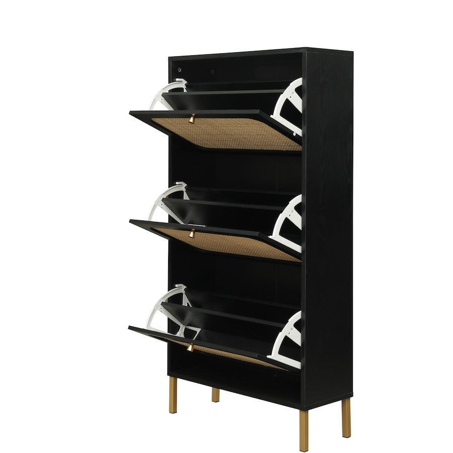 Crestwood Freestanding 3-Door Shoe Cabinet - Black & Rattan