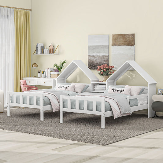 Ripple Double Twin Platform Bed with Built in Nightstand - White
