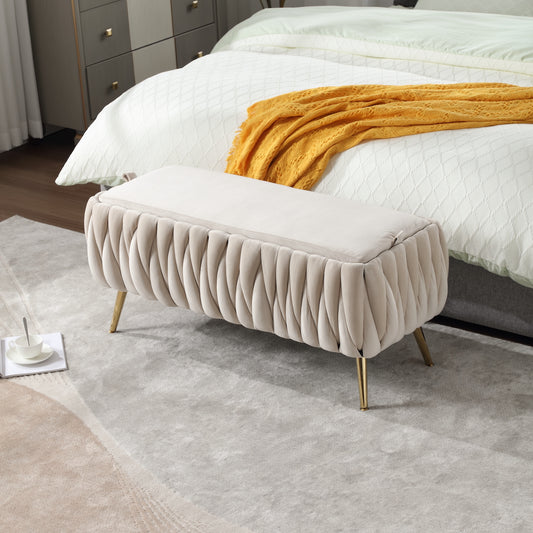 Linz Modern Velvet Bedroom Storage Bench with Gold Legs - Beige