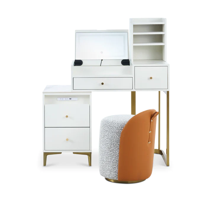 Lilly Modern Vanity Set with Stool - White & Gold