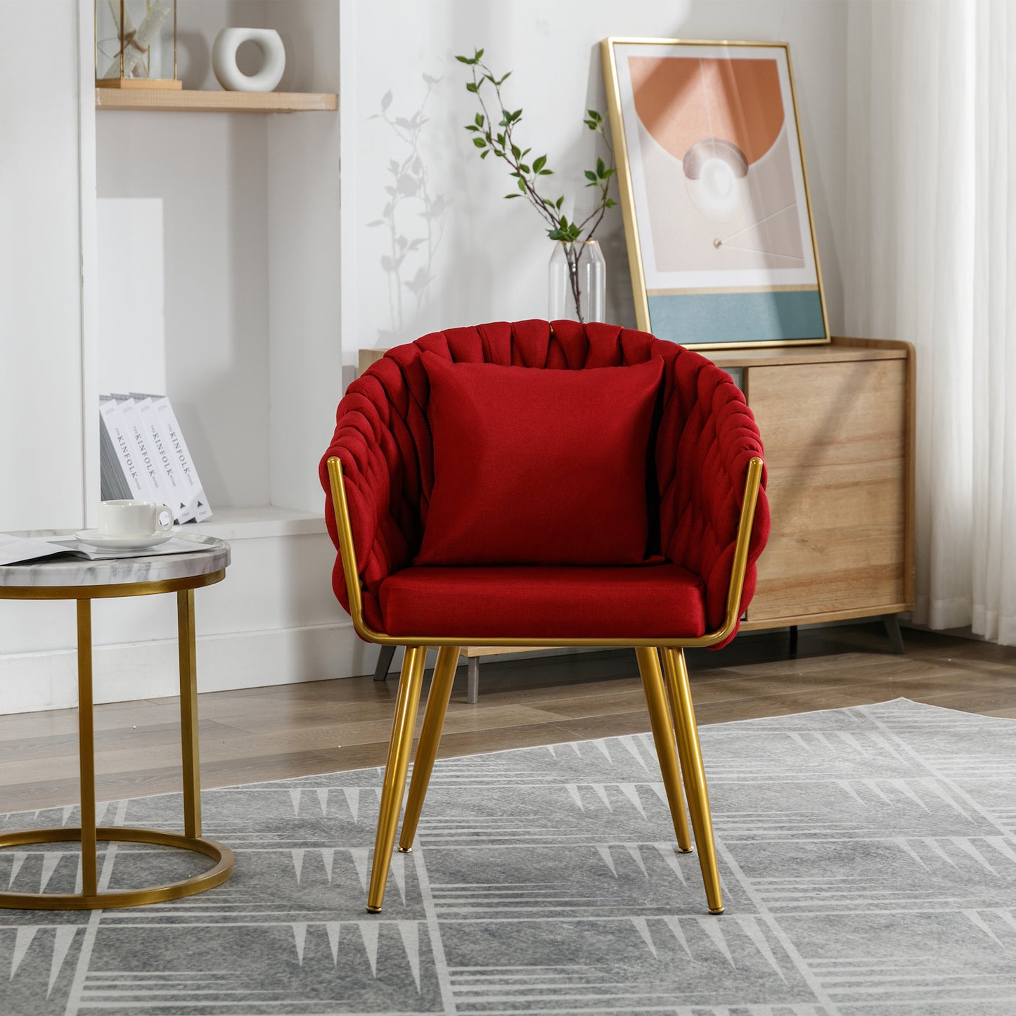 Léa Handwoven Linen Accent Chair with Golden Frame - Red