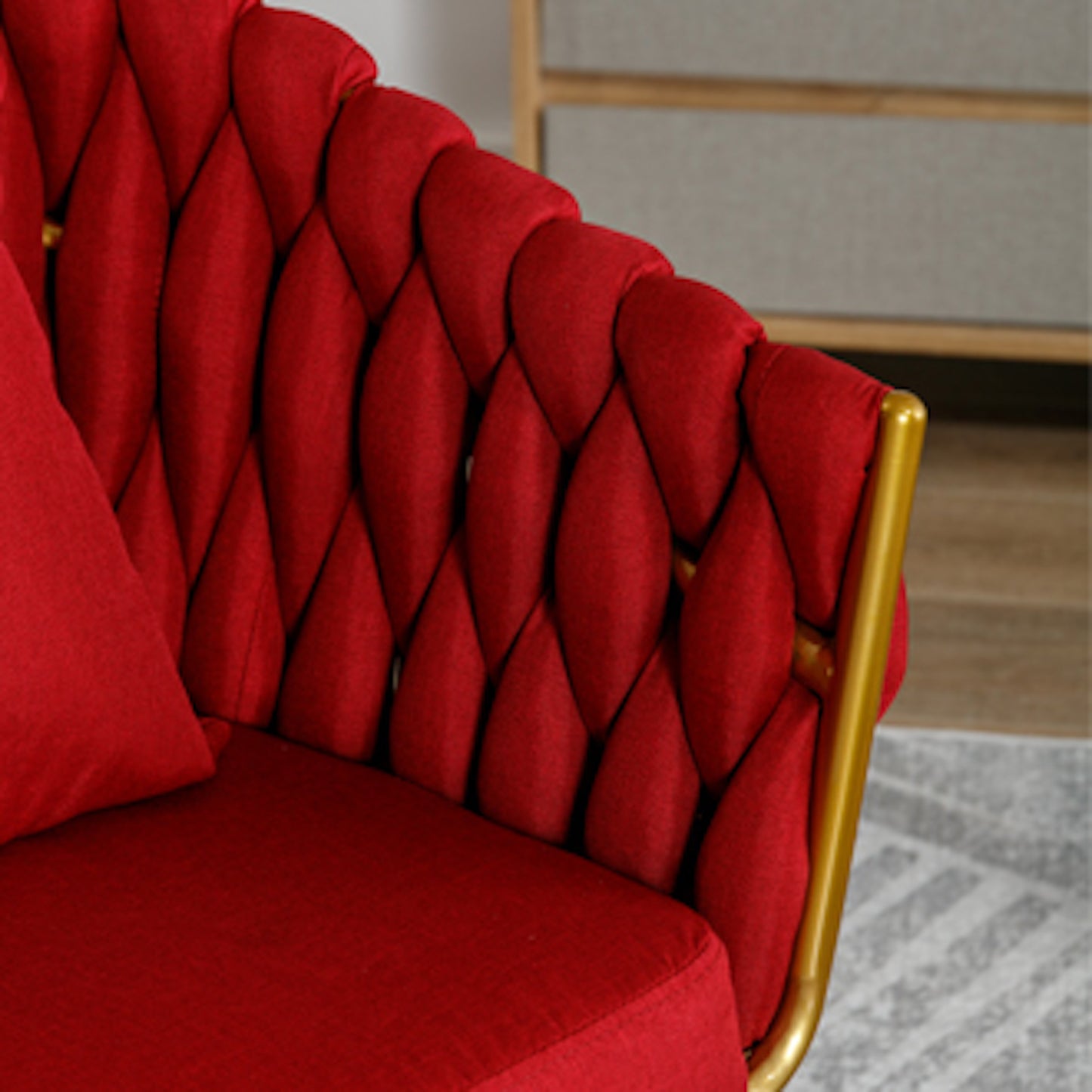 Léa Handwoven Linen Accent Chair with Golden Frame - Red
