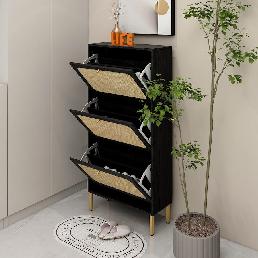 Crestwood Freestanding 3-Door Shoe Cabinet - Black & Rattan