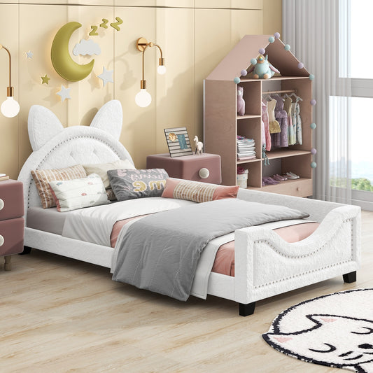Masha Twin Platform Bed with Cartoon Ears - White Teddy Fleece