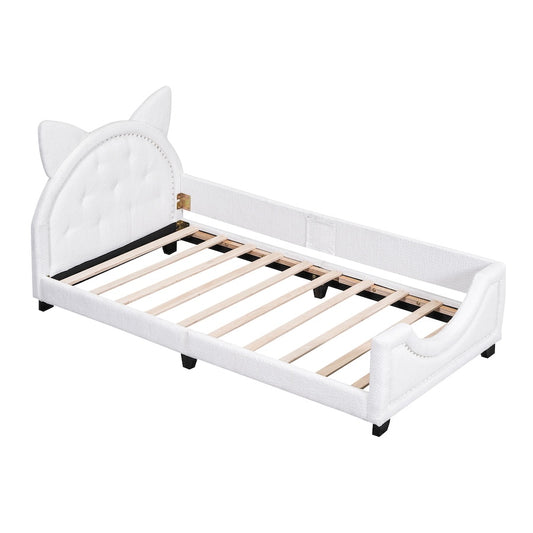Masha Twin Platform Bed with Cartoon Ears - White Teddy Fleece