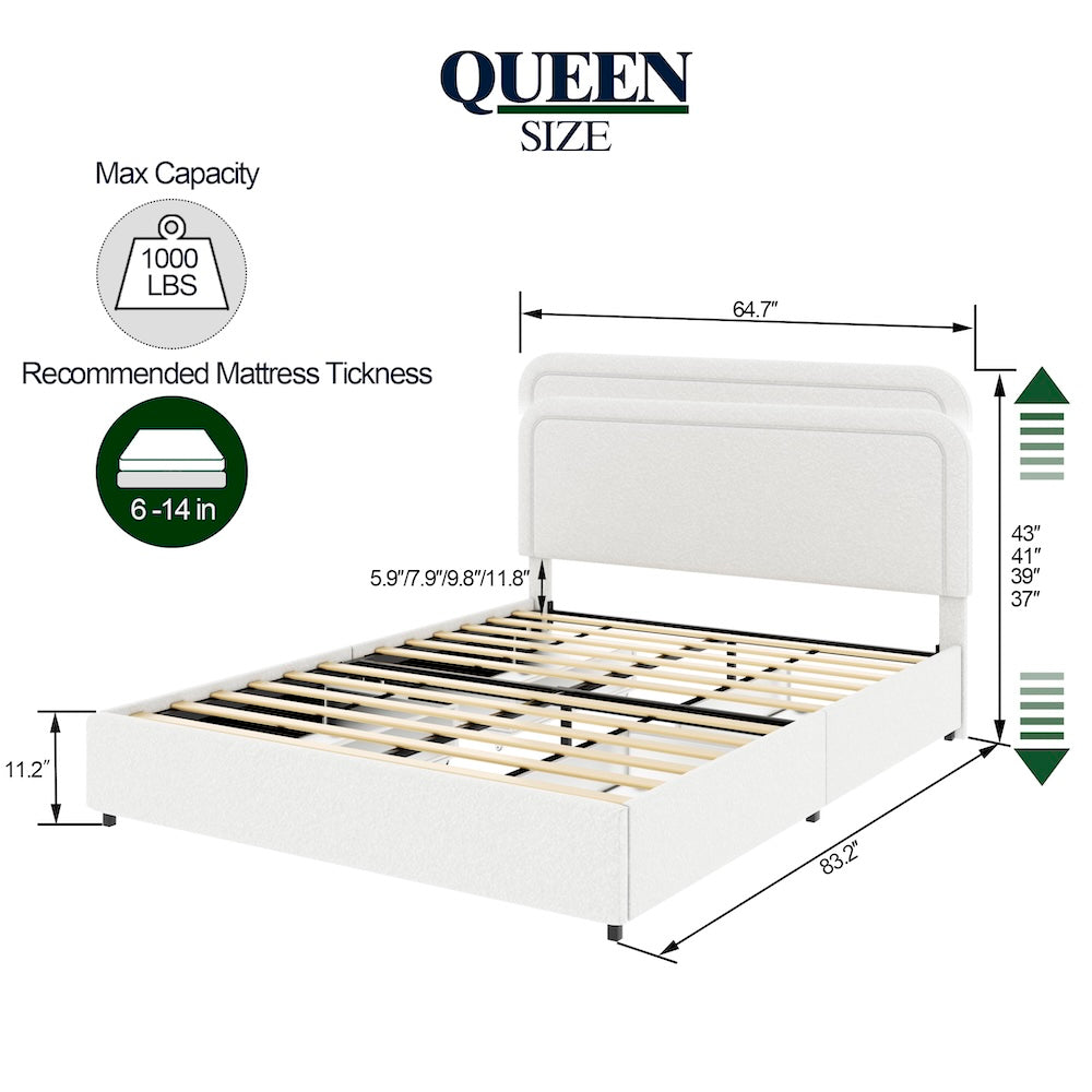 Lunara 4-Drawer Ivory Bouclé Upholstered Queen Platform Bed