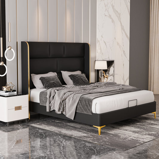 DeeJay 56" Faux Leather Queen Platform Bed - Black & Gold