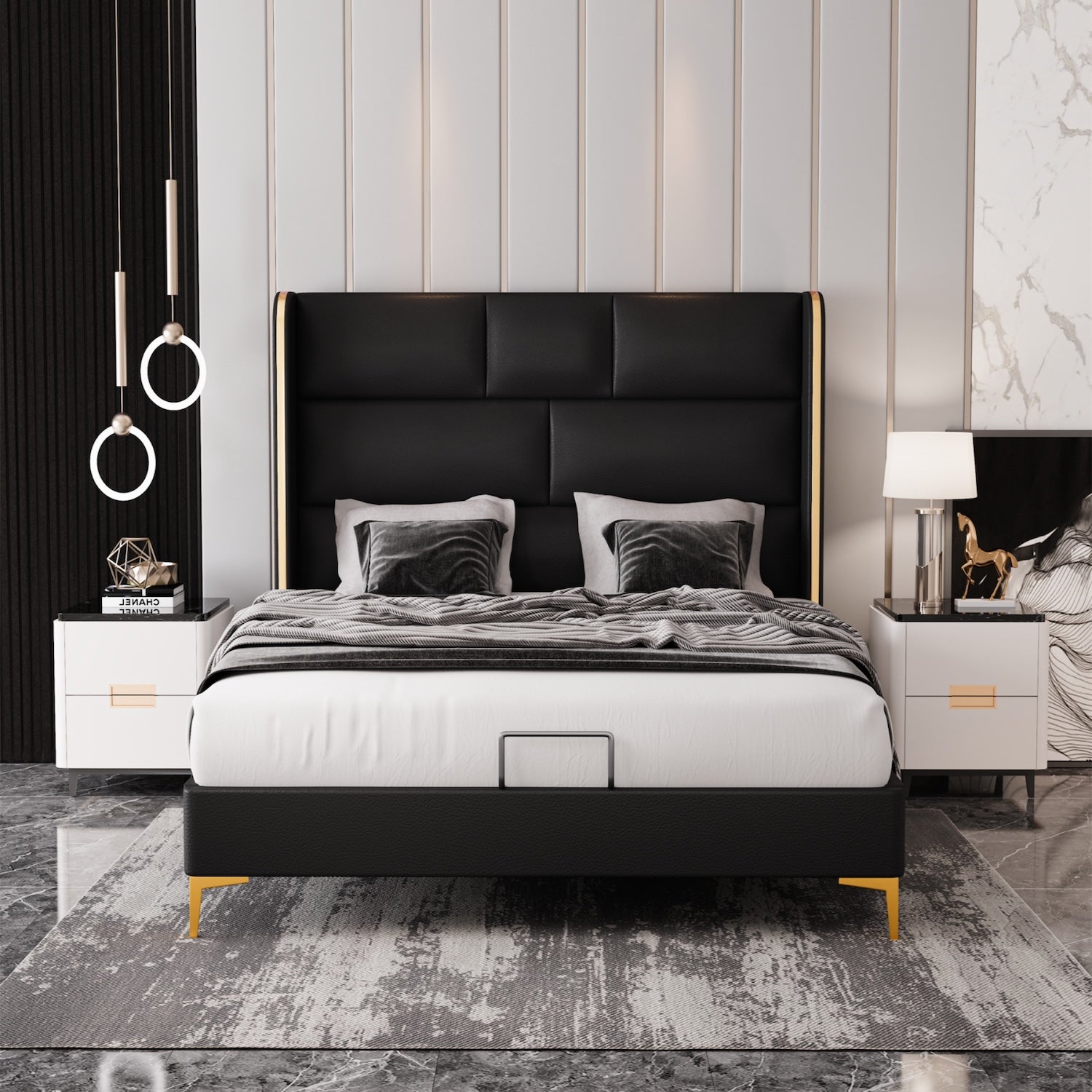 DeeJay 56" Faux Leather Queen Platform Bed - Black & Gold