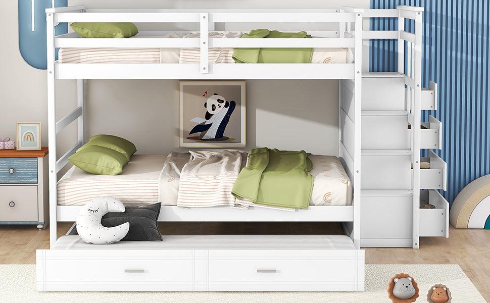 Full over Full Bunk Bed with Twin Size Trundle and Staircase - White - detail view 3