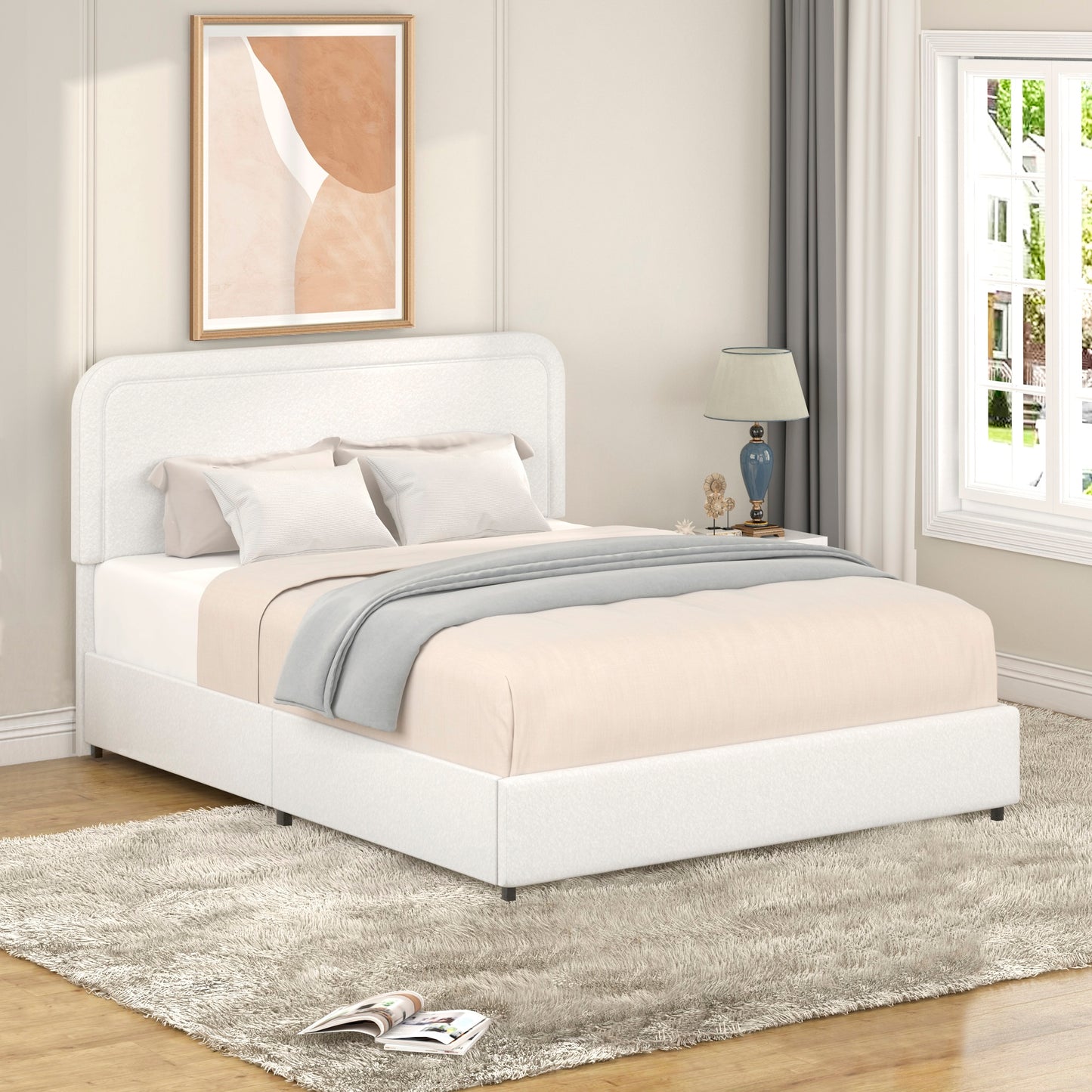 Lunara 4-Drawer Ivory Bouclé Upholstered Queen Platform Bed