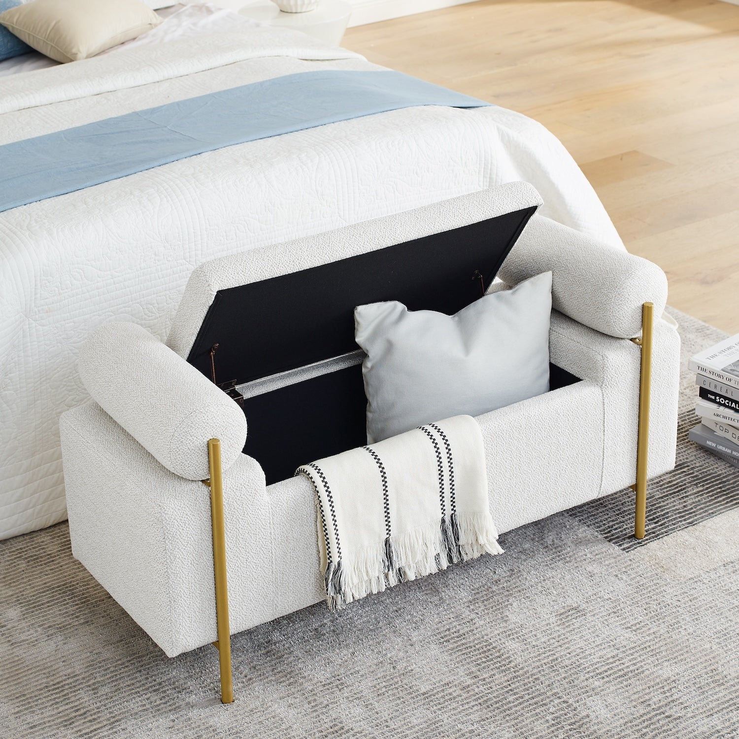 Holloway Contemporary Linen Storage Bench - White & Gold
