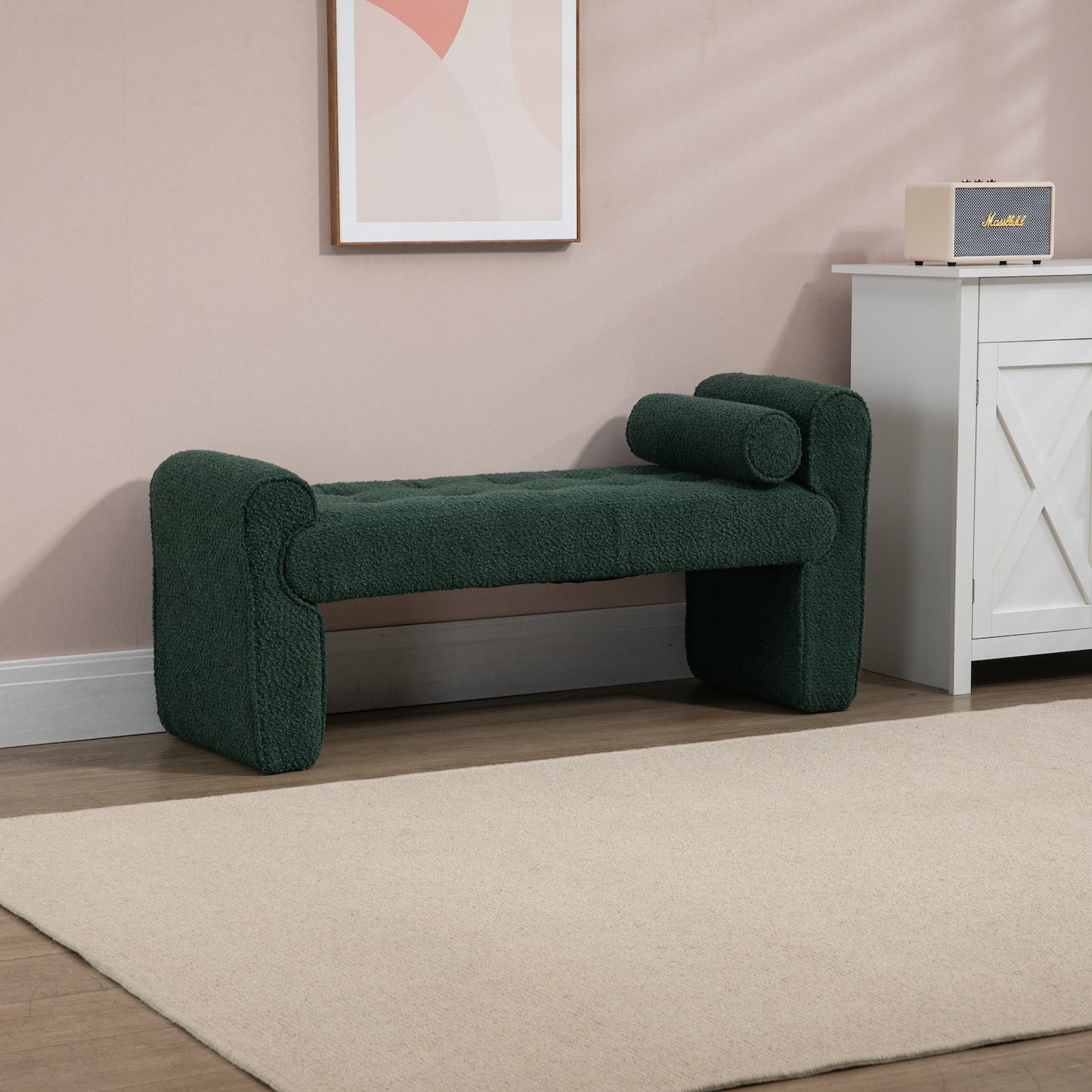 Serene Modern Boucle Upholstered Bench - Emerald Green