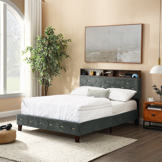 Hix Contemporary Linen Platform Bed with Headboard Shelf - Gray & Gold