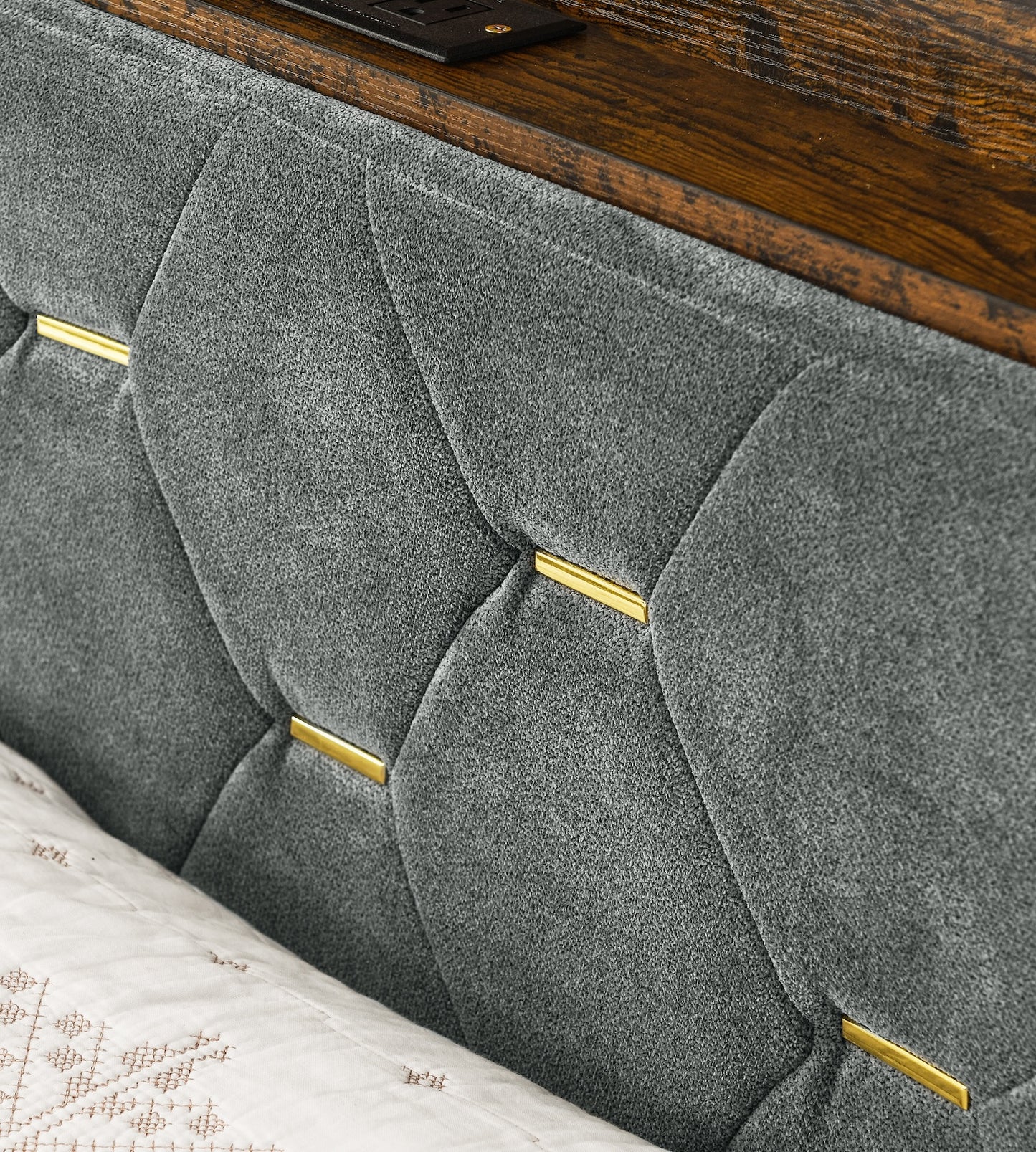 Hix Contemporary Linen Platform Bed with Headboard Shelf - Gray & Gold