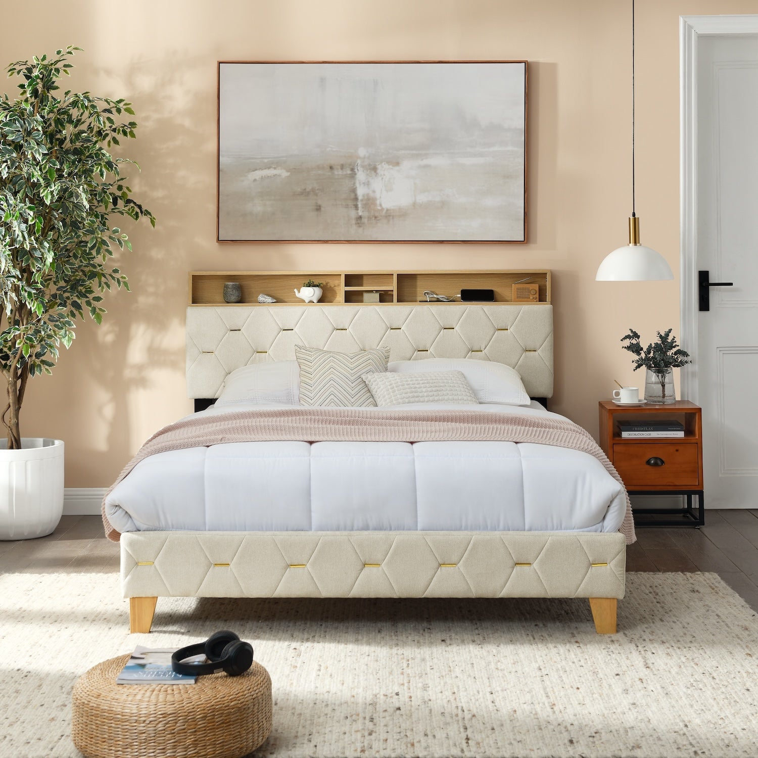 Hix Contemporary Linen Platform Bed with Headboard Shelf - Beige & Gold