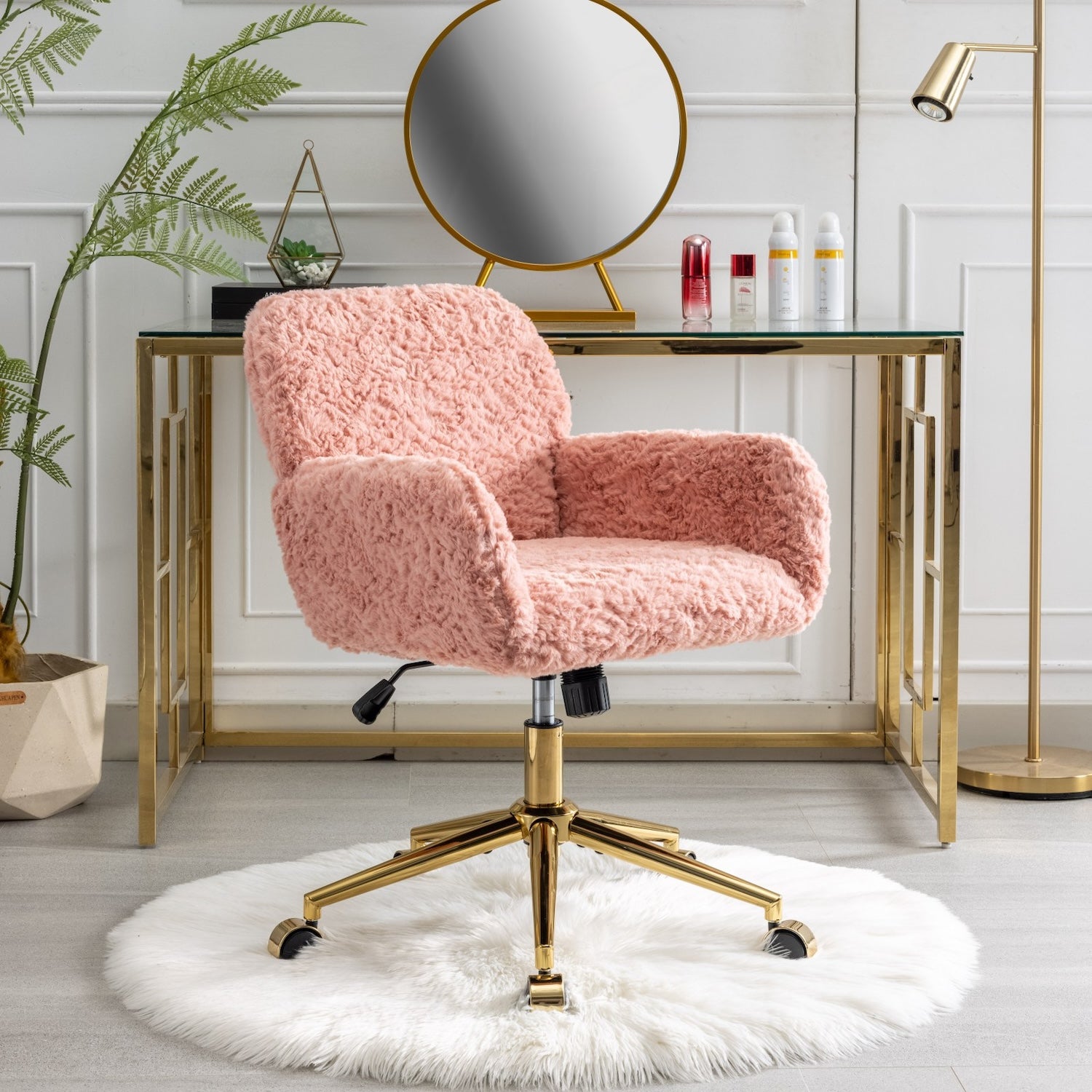 Solara Faux Rabbit Office Swivel Chair with Gold Base - Pink