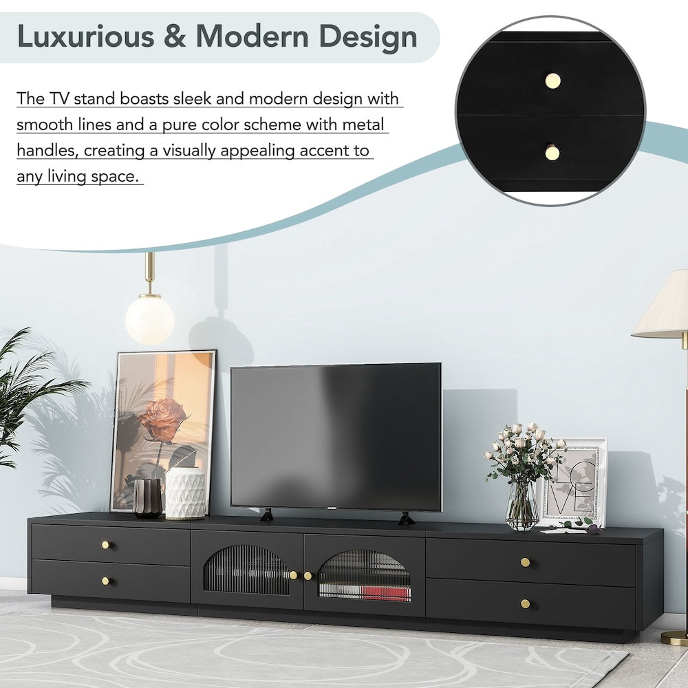 Madden 90" Modern TV Console with Glass Doors & Gold Knobs - Black