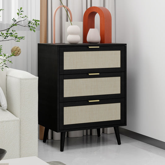 Milestone Retro Style 3-drawer Cabinet with Rattan Fronts - Black