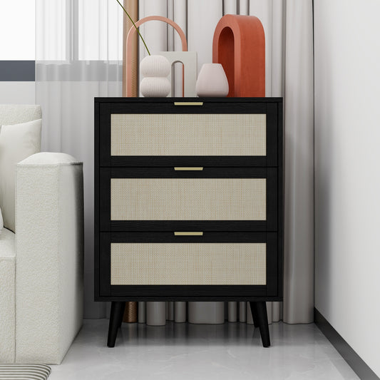 Milestone Retro Style 3-drawer Cabinet with Rattan Fronts - Black
