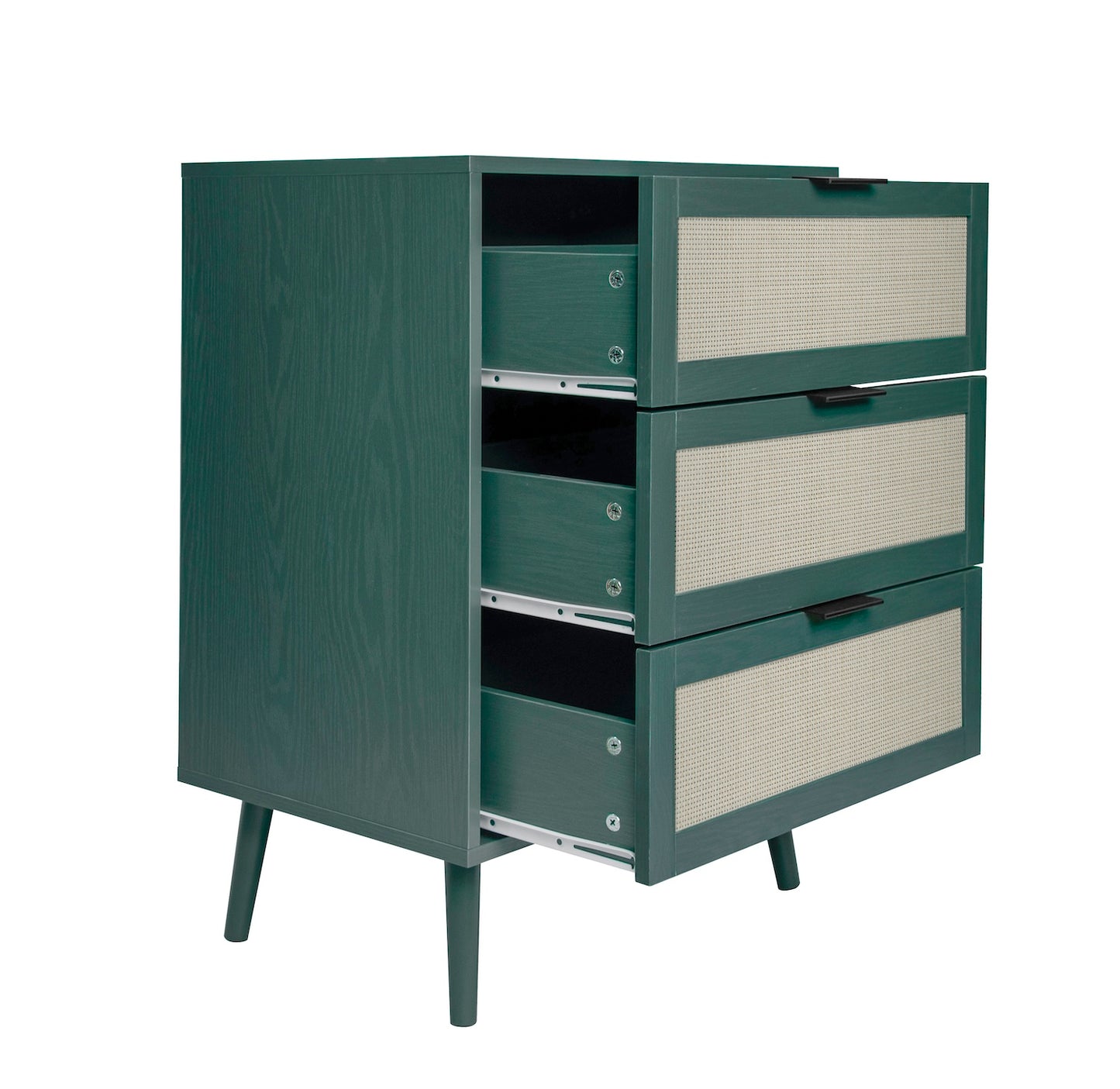 Milestone Retro Style 3-drawer Cabinet with Rattan Fronts - Dark Green
