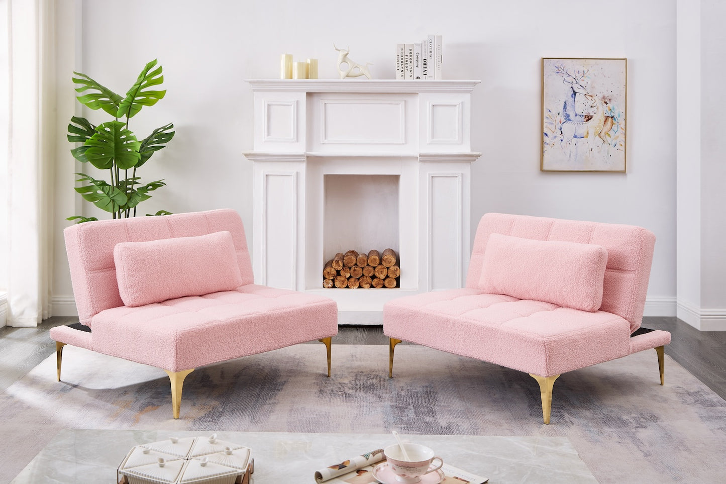 Evolve Split Back Sofa Bed with Gold Legs - Pink Teddy Fabric