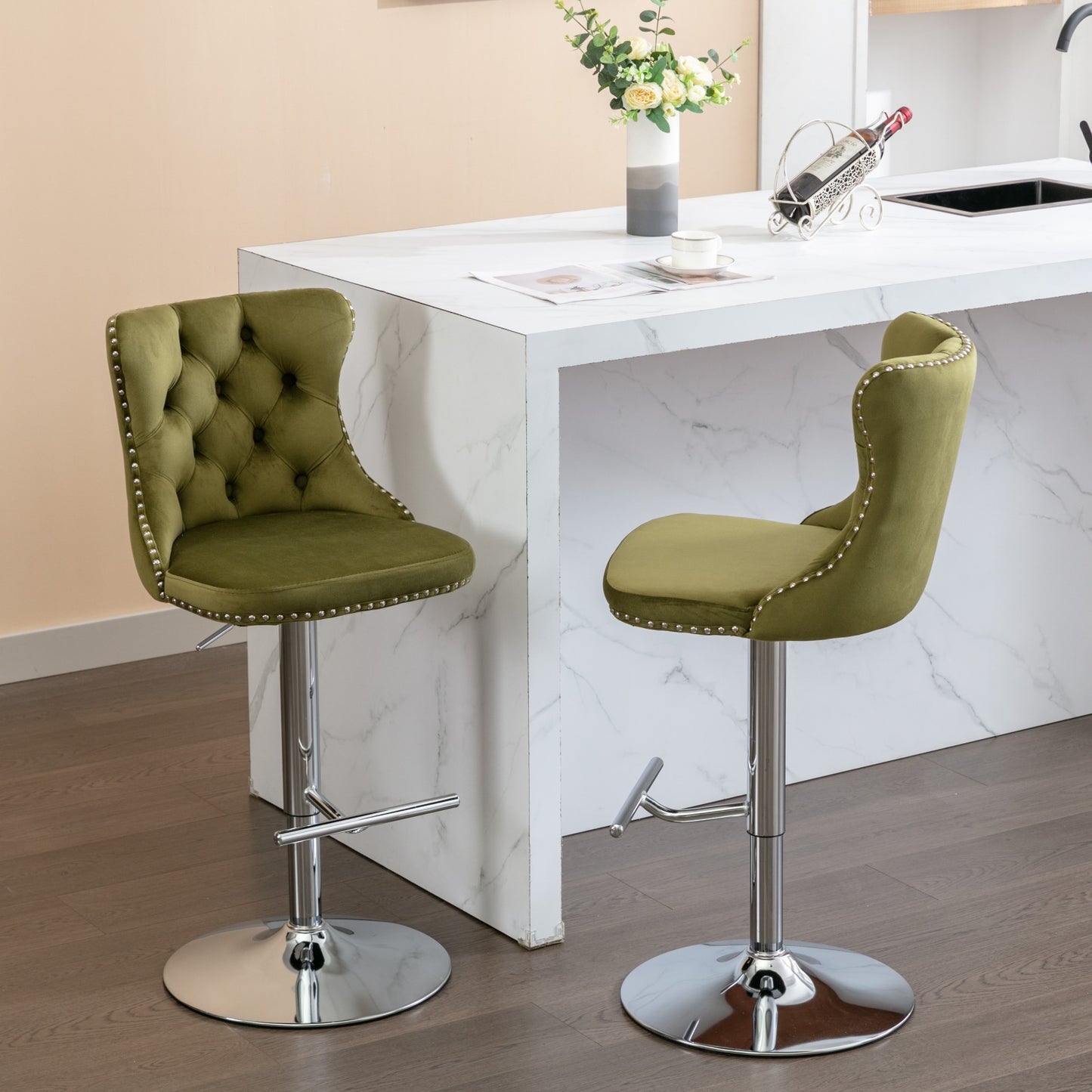 A&A Furniture Velvet Swivel Bar Stools with Silver Base Set of 2 - Green