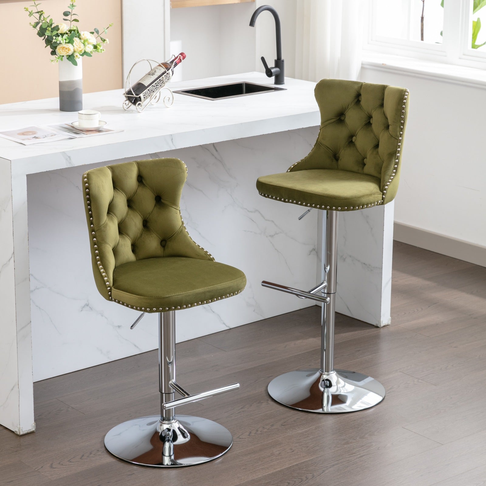 A&A Furniture Velvet Swivel Bar Stools with Silver Base Set of 2 - Green