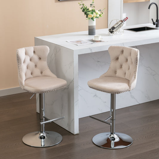 A&A Furniture Velvet Swivel Bar Stools with Silver Base Set of 2 - Beige