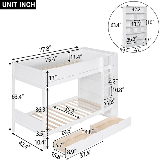 Gala Twin over Twin Bunk Bed with 2 Drawers & Cabinet - White