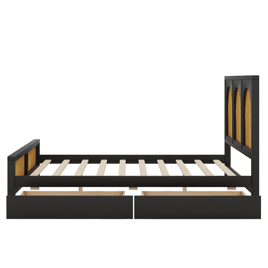 Svelteo Full Size Platform Bed with Rattan Headboard & Storage