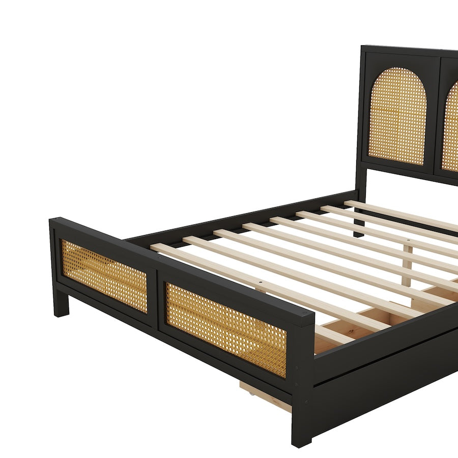 Svelteo Full Size Platform Bed with Rattan Headboard & Storage