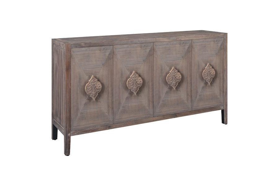 Ortega Accent Cabinet in Antique Brown with Floral Carved Handles